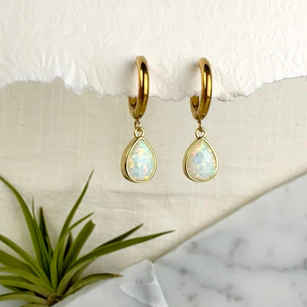 opal teardrop huggie earrings