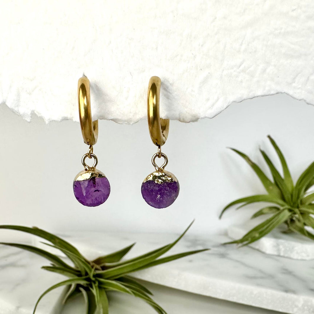 raw amethyst huggie earrings