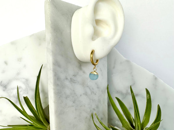 raw aquamarine huggie earrings