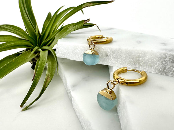 raw aquamarine huggie earrings