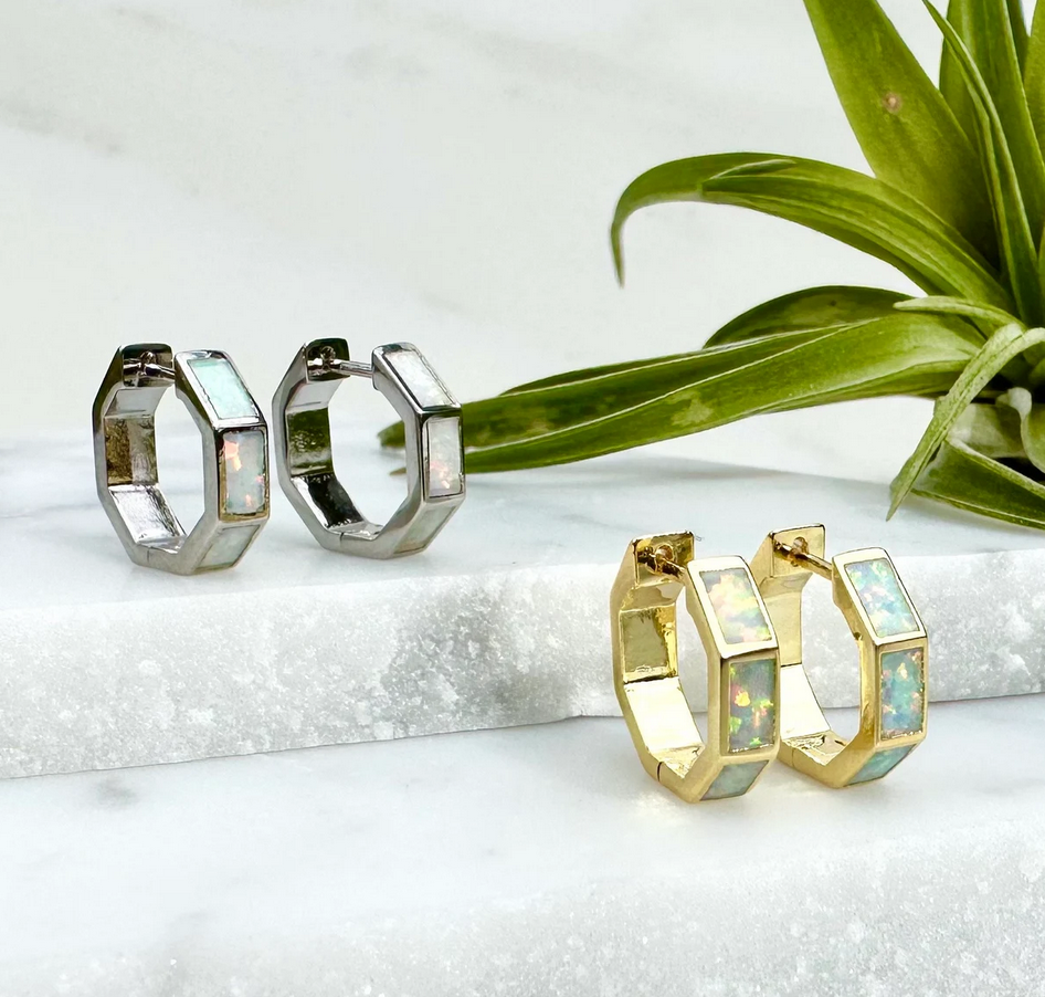 opal hexagon hoop earrings