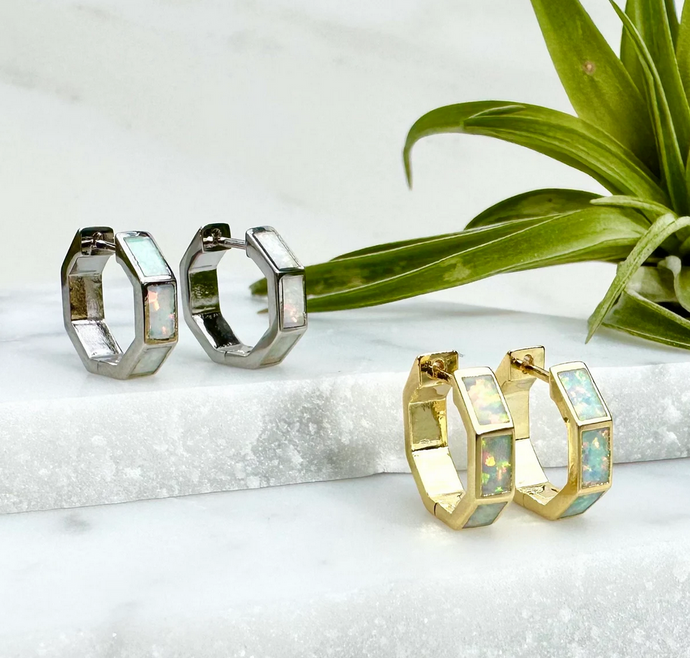 opal hexagon hoop earrings