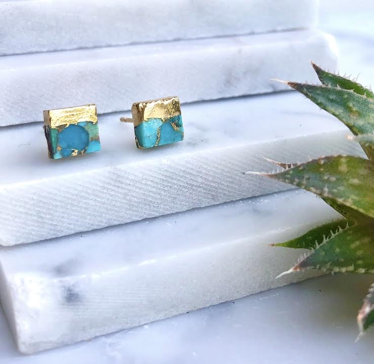 mini gold dipped turquoise square studs