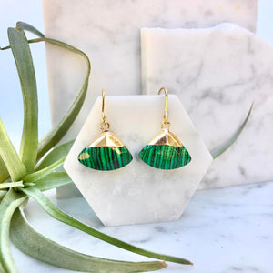 gold-dipped malachite fan earrings