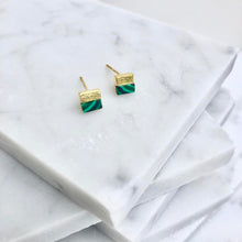 tiny gold malachite square studs