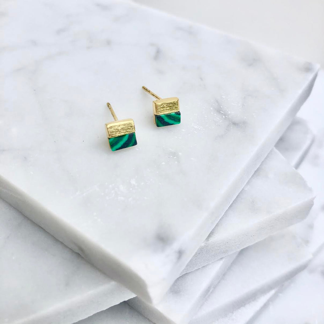 tiny gold malachite square studs