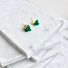 tiny assymetrical gold malachite studs