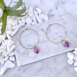 raw amethyst hoop earrings