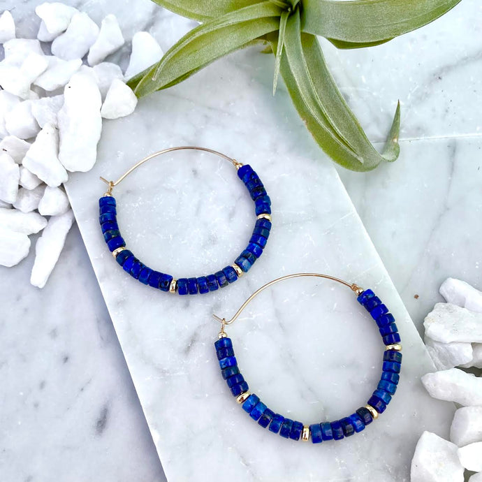 lapis lazuli beaded hoop earrings