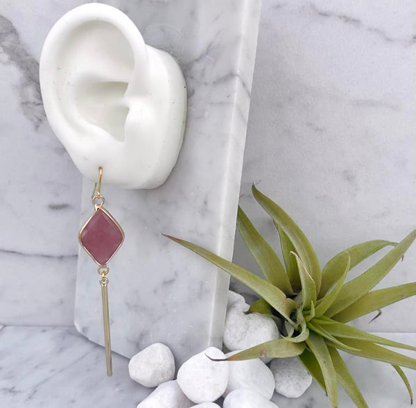 rose quartz diamond bar earrings
