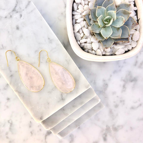 genuine rose quartz pear-shaped drop earrings