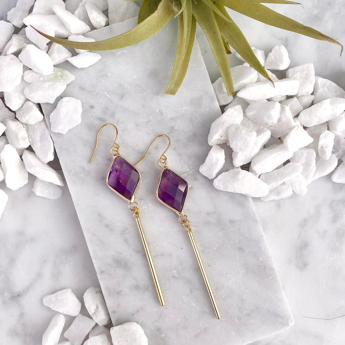 amethyst diamond bar earrings