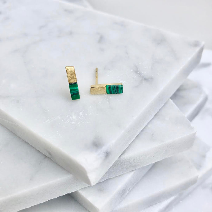 tiny gold malachite bar studs