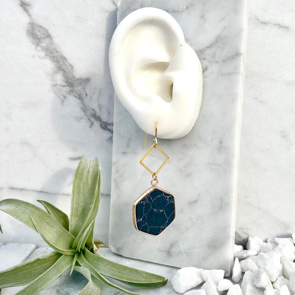 black agate hexagon dangle earrings