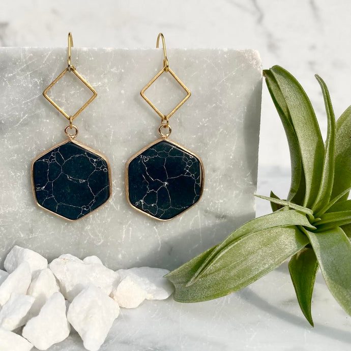 black agate hexagon dangle earrings