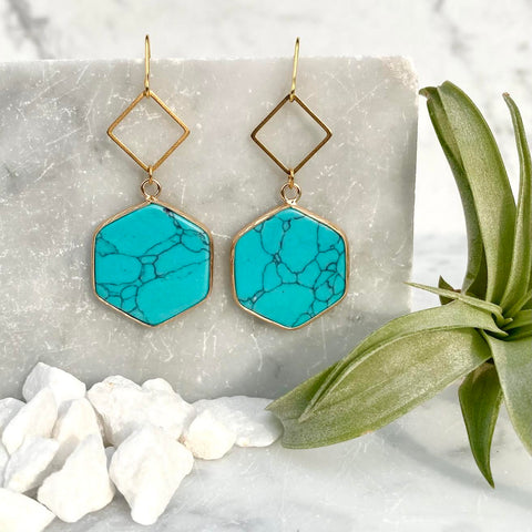 turquoise hexagon dangle earrings