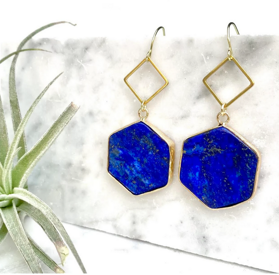 lapis lazuli hexagon dangle earrings