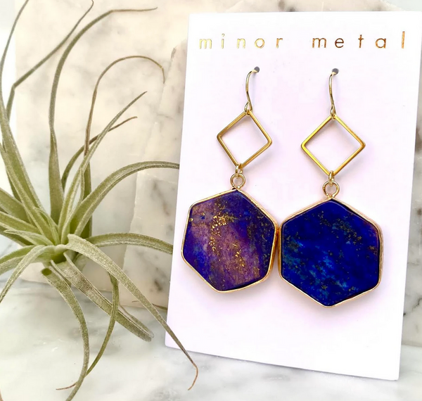 lapis lazuli hexagon dangle earrings