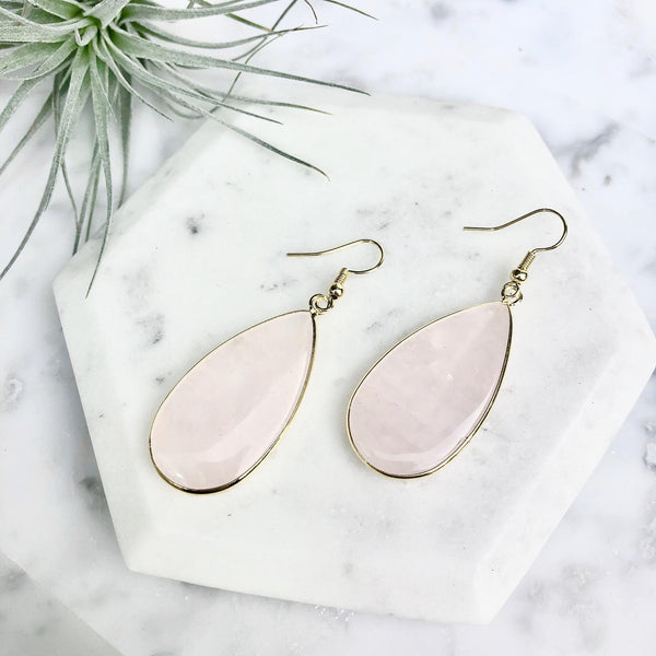 genuine rose quartz pear-shaped drop earrings
