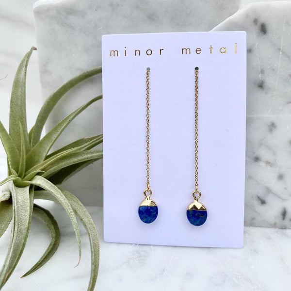 lapis lazuli drop threader earrings