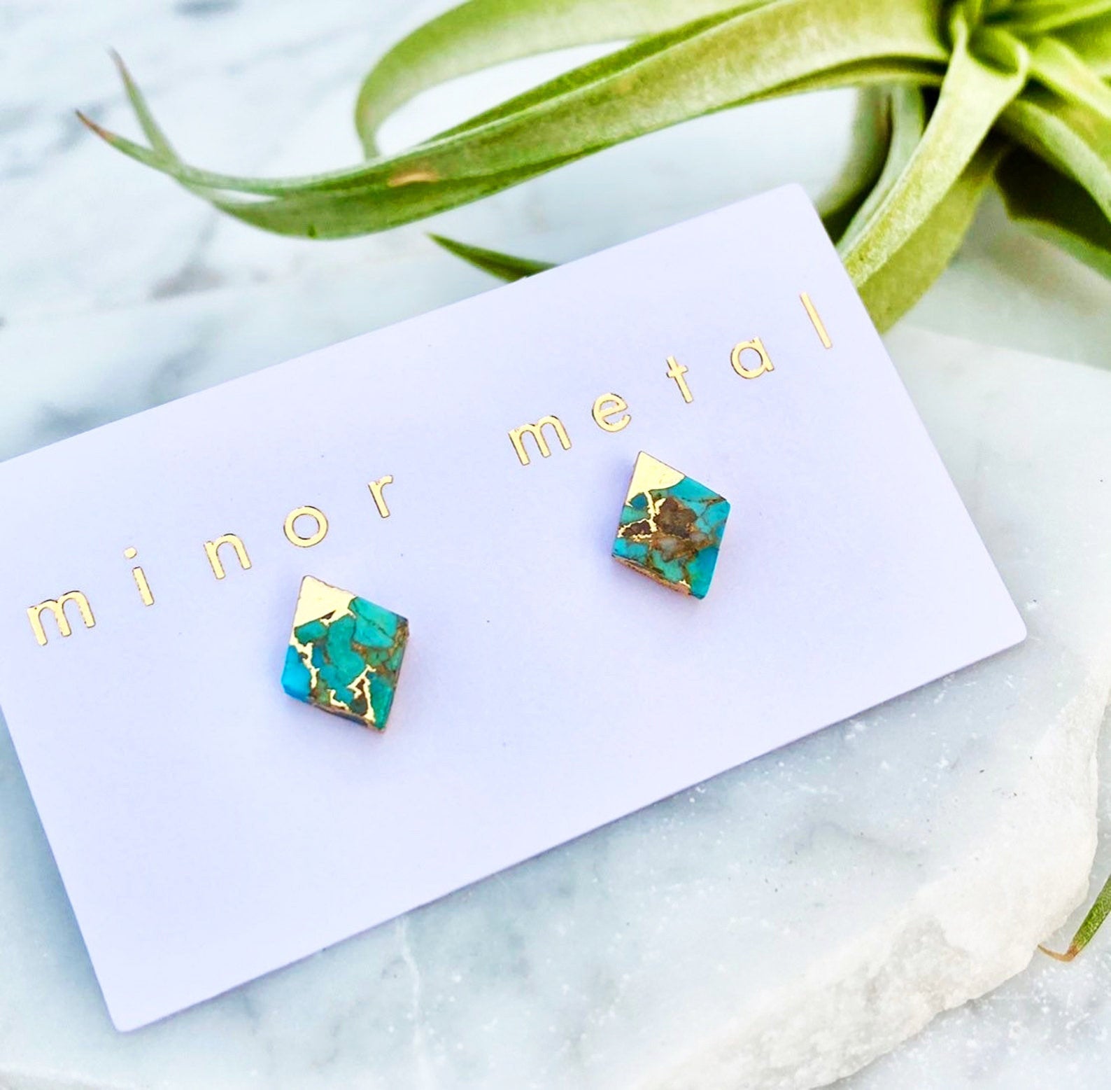 gold-dipped turquoise diamond stud earrings