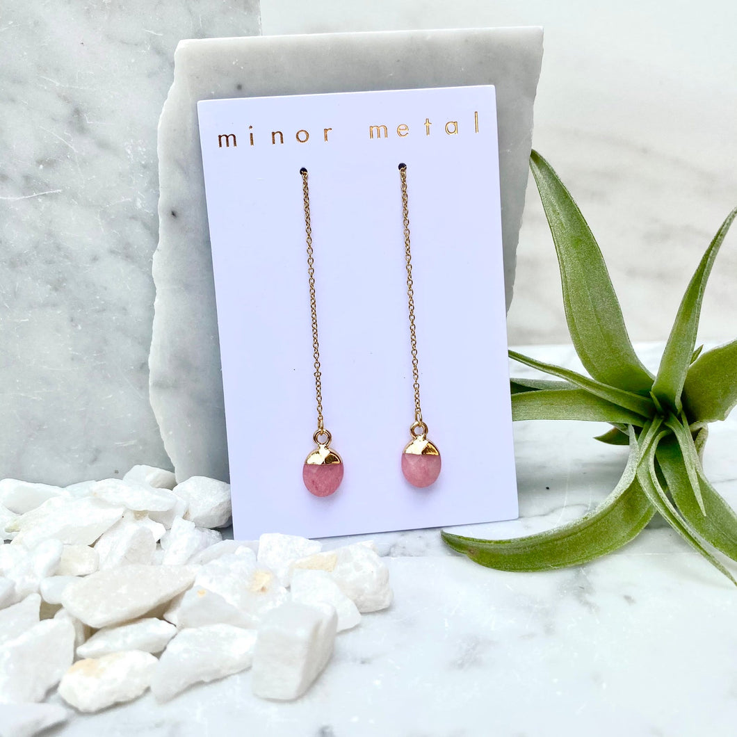 rose quartz drop threader earrings