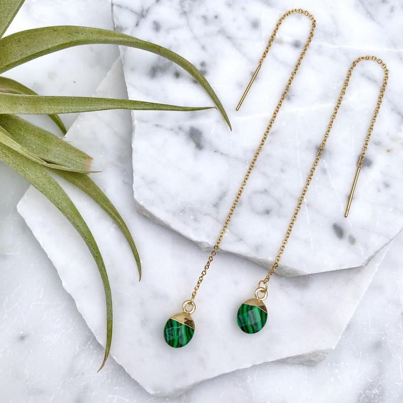 malchite drop threader earrings