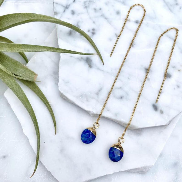 lapis lazuli drop threader earrings