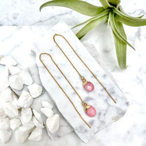 rose quartz drop threader earrings